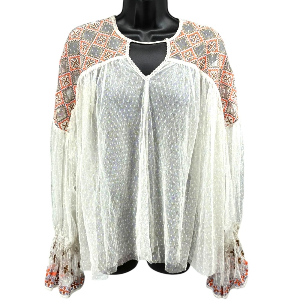 Free People PLS Sheer‎ Swiss Dot Embroidered Boho Tunic Top Oversized